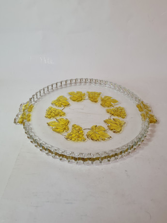 Блюдо винтажное стеклянное с желтыми виноградными листьями, 33 x 2,5 см, Германия, 1960-70гг.