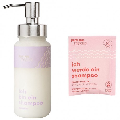 FUTURE STORIES Starterset Shampoo Pulver Yuzu & Kirschblute inkl. Pumpspender Стартовый набор для шампуня с порошком юдзу и вишневым цветом, включая помпу-дозатор