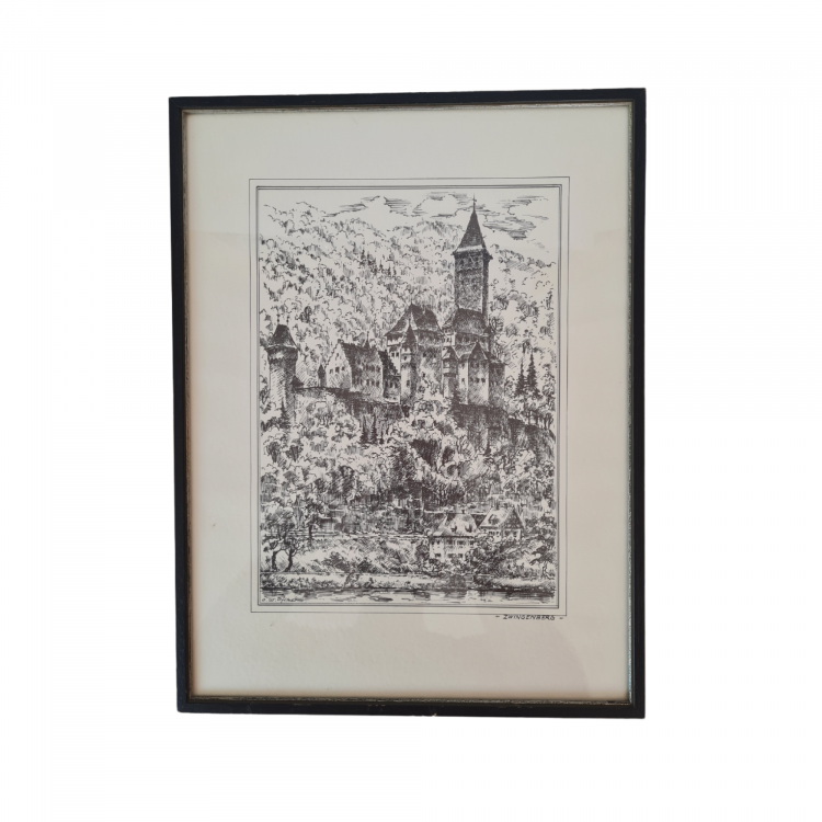 Картина винтажная в черно-белых тонах "г. Цвингенберг" O.W.Pfilze, 31 x 41 см, Германия, 1960-70гг. Картина винтажная в черно-белых тонах "г. Цвингенберг" O.W.Pfilze, 31 x 41 см, Германия, 1960-70гг.