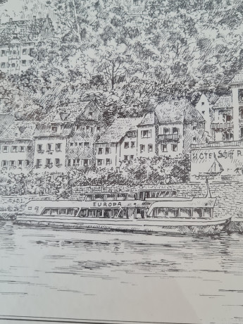 Картина винтажная в черно-белых тонах "г. Неккарштайнах" O.W.Pfilze, 31 x 41 см, Германия, 1960-70гг.