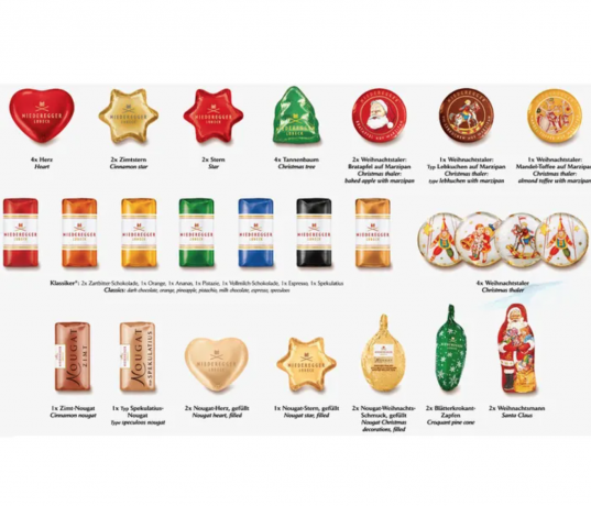 Niederegger Adventskalender Weihnachtsmann 500g, Адвент-календарь 2025 «Санта-Клаус» с начинкой из марципана, пралине и нуги, 39 сладких сюрприза, 45 см × 33 см, 500 грамм