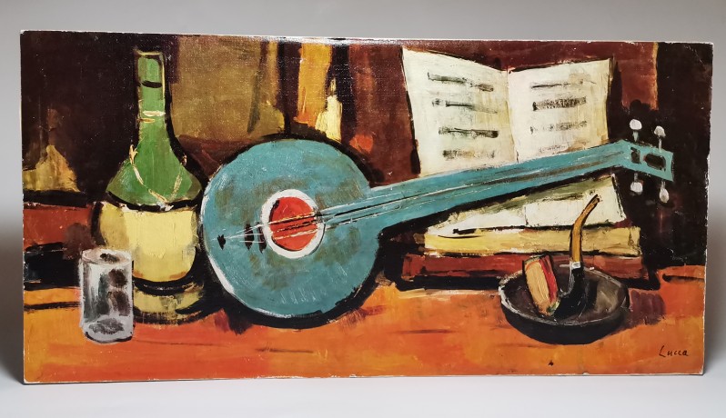 Italian Painting, Итальянская живопись Картина "Вечер музыканта", художник Lucca, холст масло, 41см х 20 см, Италия 1960-1970