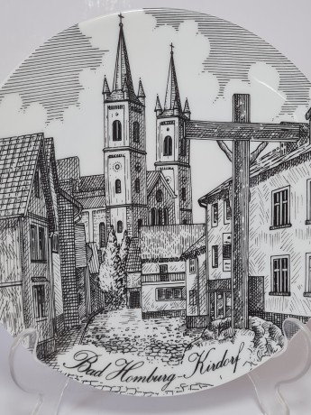 Тарелка декоративная винтажная Bareuther Bavaria с видами г. Кирдорф, Германия, 20 см, 1950-60гг.