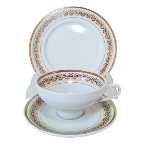 Чайное трио винтажное Weisswasser с коричневым орнаментом и позолотой, Германия, 1960-70гг.