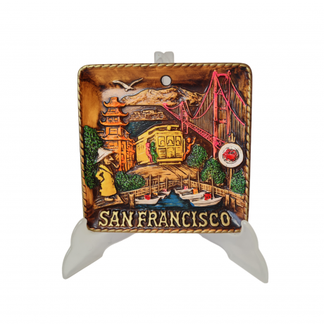Резная разноцветная картина из дерева винтажная "Сан-Франциско" SNCO, 15,5 x 15,5 x 1,5 см, США, 1960-70гг.