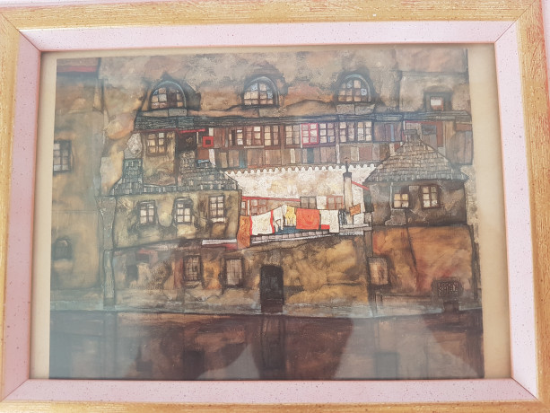 Картина винтажная "Стена дома у реки" Egon Schiele, деревянная рама, 22 x 17 см, Германия, 1960-70гг.