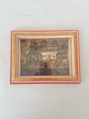 Картина винтажная "Стена дома у реки" Egon Schiele, деревянная рама, 22 x 17 см, Германия, 1960-70гг.