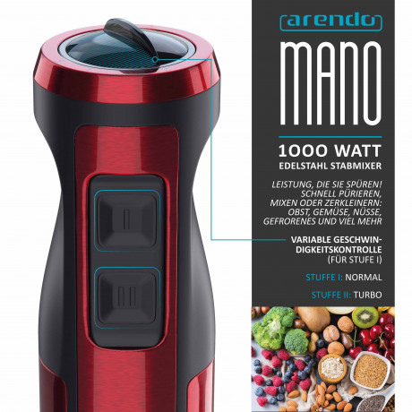 Arendo Arendo Stabmixer, 1000 W, Edelstahl Purierstab in rot, Handmixer mit Becher, stufenlose Regelung Ручной блендер Arendo, 1000 Вт, очищающий стержень из нержавеющей стали красного цвета, ручной миксер с чашкой, бесступенчатое управление