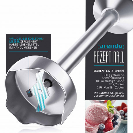 Arendo Arendo Stabmixer, 1000 W, Edelstahl Purierstab in rot, Handmixer mit Becher, stufenlose Regelung Ручной блендер Arendo, 1000 Вт, очищающий стержень из нержавеющей стали красного цвета, ручной миксер с чашкой, бесступенчатое управление