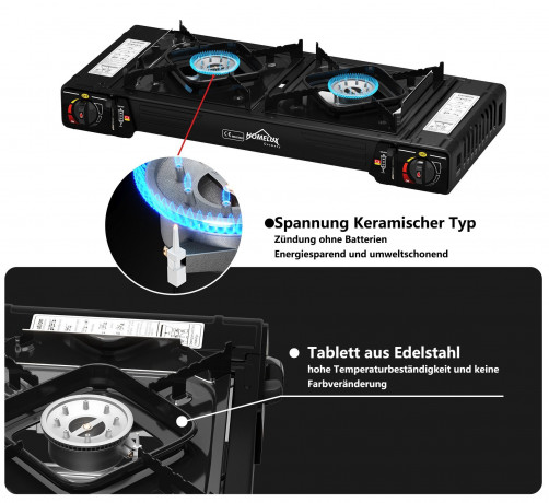 HOMELUX HOMELUX Gaskocher Campingkocher 2 flammig mit Gaskartuschen fur Grill Camper, (0-St), 2 x 2,5KW Газовая плита HOMELUX походная 2 пламени с газовыми баллончиками для кемпера-гриля, (0 шт.), 2 x 2,5 кВт