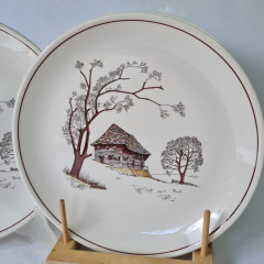 Набор тарелок винтажный ISG с изображением дома в лесу, фарфор, 6 шт., 25 x 2,5 см, Италия, 1960-70гг.