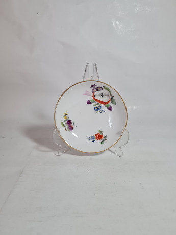 Тарелка винтажная Meissen, белый фарфор с разноцветными фруктовыми мотивами, цветочным декором и позолотой, 14,5 x 3,5 см, Германия, 1930-40гг.