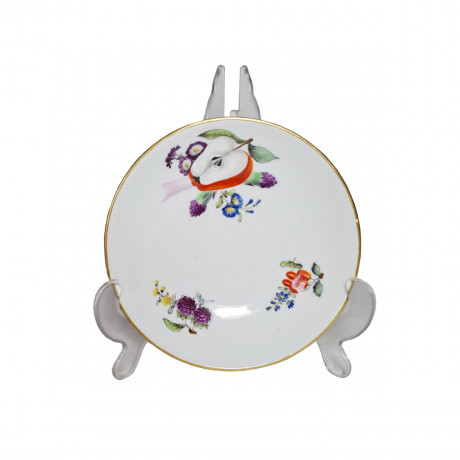 Тарелка винтажная Meissen, белый фарфор с разноцветными фруктовыми мотивами, цветочным декором и позолотой, 14,5 x 3,5 см, Германия, 1930-40гг.