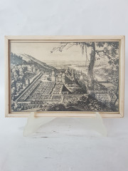 Картина винтажная &quot;Вид на замок и город Гейдельберг&quot;, переплетная мастерская Альберт Вюрх Людвигсбург, 27,5 x 19 см, деревянная рама, Германия, 1950-60гг.