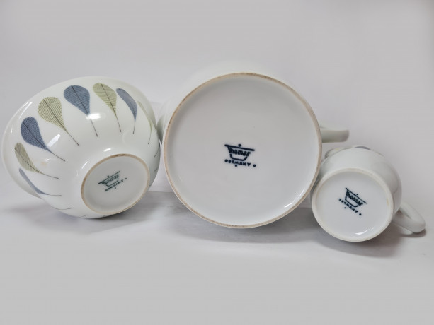 Thomas Чайный фарфоровый набор "Листья" в зелено-синих тонах: чайник, молочник, сахарница, Германия, 1960-70гг.