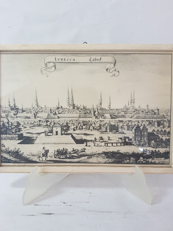 Картина винтажная "Вид на город Любек", Переплетная мастерская Альберт Вюрх Людвигсбург, 27,5 x 19 см, деревянная рама, Германия, 1950-60гг.