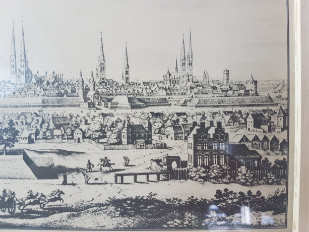 Картина винтажная "Вид на город Любек", Переплетная мастерская Альберт Вюрх Людвигсбург, 27,5 x 19 см, деревянная рама, Германия, 1950-60гг.