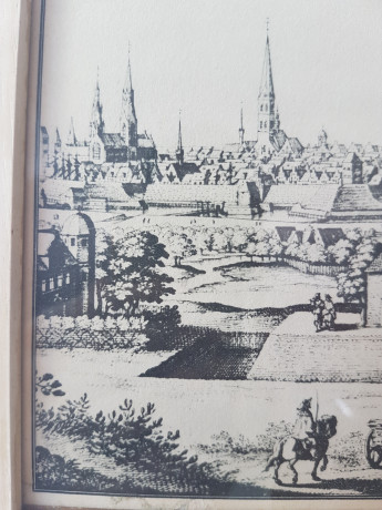 Картина винтажная "Вид на город Любек", Переплетная мастерская Альберт Вюрх Людвигсбург, 27,5 x 19 см, деревянная рама, Германия, 1950-60гг.