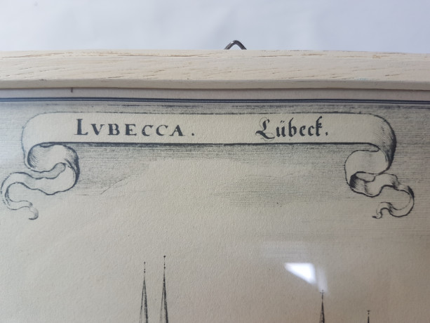 Картина винтажная "Вид на город Любек", Переплетная мастерская Альберт Вюрх Людвигсбург, 27,5 x 19 см, деревянная рама, Германия, 1950-60гг.