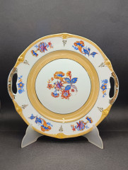 Блюдо винтажное Schumann Bavaria "Лютики"с ручками, сине-оранжевый цветочный декор, с позолотой, фарфор, 26 см, Германия, 1960-70гг.