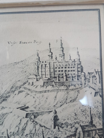 Картина винтажная "Вид на Вюрцбург и крепость Мариенберг", переплетная мастерская Альберт Вюрх Людвигсбург, 27,5 x 19 см, деревянная рама, Германия, 1950-60гг.