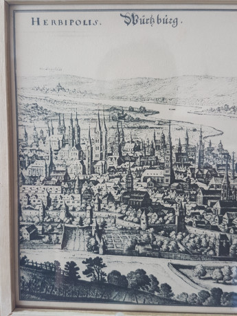 Картина винтажная "Вид на Вюрцбург и крепость Мариенберг", переплетная мастерская Альберт Вюрх Людвигсбург, 27,5 x 19 см, деревянная рама, Германия, 1950-60гг.