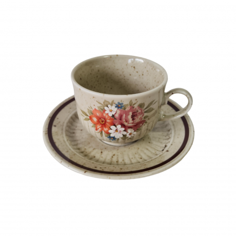 Набор чайный винтажный Winterling Marktleuthen Bavaria  в бежевых тонах с крапинками и яркими цветами: чайник, чашки и блюдца, керамика, Германия, 1960-70гг.