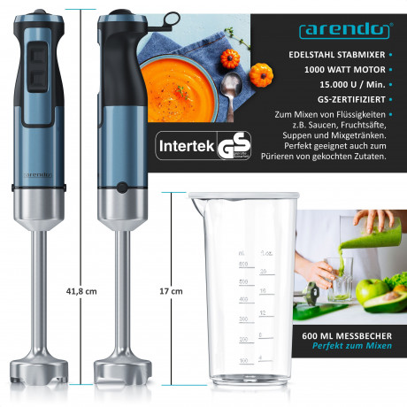 Arendo Arendo Stabmixer, 1000 W, Edelstahl, Purierstab, Turbotaste, abnehmbarer Mixfuss, Messbecher Ручной блендер Arendo, 1000 Вт, нержавеющая сталь, стержень для пюре, турбо-кнопка, съемная ножка для смешивания, мерный стакан.