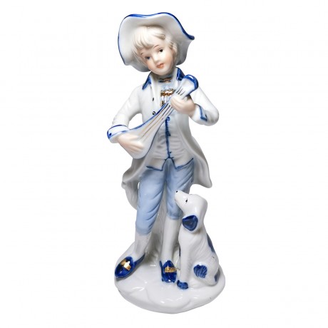 German Porcelain, Коллекционная фарфоровая статуэтка рококо с позолотой "Музыкант с собакой" 20см, 1960-1970гг.