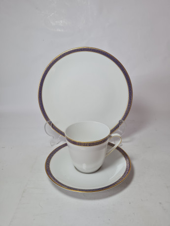 Чайное трио винтажное PMR Jager & Co Bavaria, белый фарфор с золотисто-голубым узором, 9,5 x 7 см / 15 см / 20,5 см, Германия, 1960-70гг.