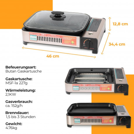 ZMC ZMC Gaskocher 2in1 Gas Kocher Campingkocher + Grillplatte + Grillpfanne Gasgrill, (Gasbrenner Tischgrill inkl. Transportkoffer fur:Indoor/Outdoor Warmeleistung: 2,1KW), + 8x 227g MSF-1a Gaskartuschen Tragbarer Camping Kocher Herd Gaskocher  Газовая пл