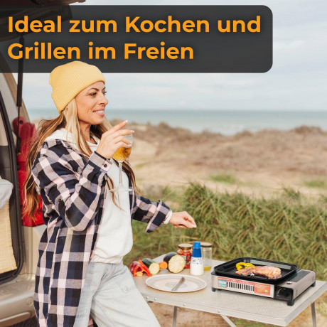 ZMC ZMC Gaskocher 2in1 Gas Kocher Campingkocher + Grillplatte + Grillpfanne Gasgrill, (Gasbrenner Tischgrill inkl. Transportkoffer fur:Indoor/Outdoor Warmeleistung: 2,1KW), + 8x 227g MSF-1a Gaskartuschen Tragbarer Camping Kocher Herd Gaskocher  Газовая пл