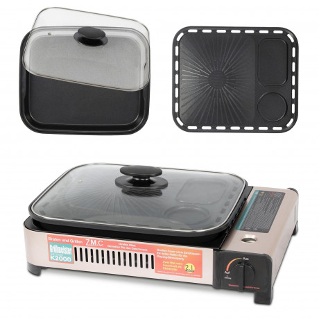 ZMC ZMC Gaskocher 2in1 Gas Kocher Campingkocher + Grillplatte + Grillpfanne Gasgrill, (Gasbrenner Tischgrill inkl. Transportkoffer fur:Indoor/Outdoor Warmeleistung: 2,1KW), + 8x 227g MSF-1a Gaskartuschen Tragbarer Camping Kocher Herd Gaskocher  Газовая пл