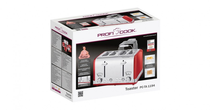 ProfiCook ProfiCook Toaster Vintage PC-TA 1194 rot/chrom, 1.630 Watt, fur 4 Scheiben Toast rot/chrom Тостер ProfiCook Vintage PC-TA 1194 красный/хром, 1630 Вт, на 4 ломтика тостов