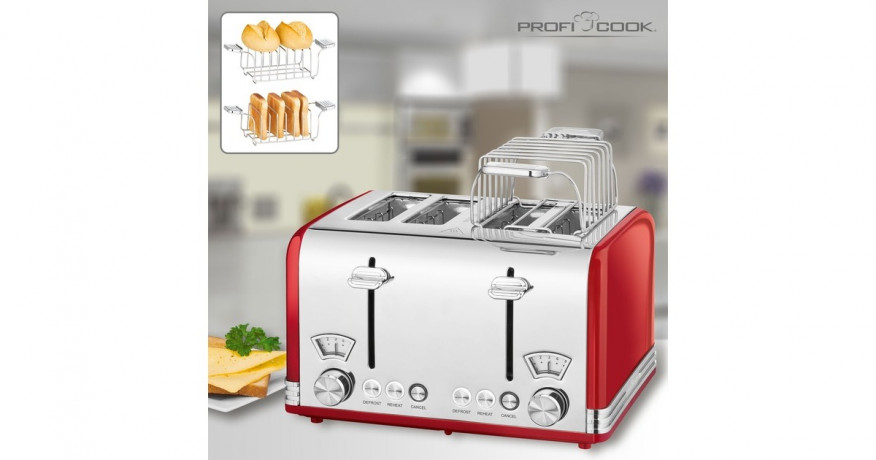 ProfiCook ProfiCook Toaster Vintage PC-TA 1194 rot/chrom, 1.630 Watt, fur 4 Scheiben Toast rot/chrom Тостер ProfiCook Vintage PC-TA 1194 красный/хром, 1630 Вт, на 4 ломтика тостов