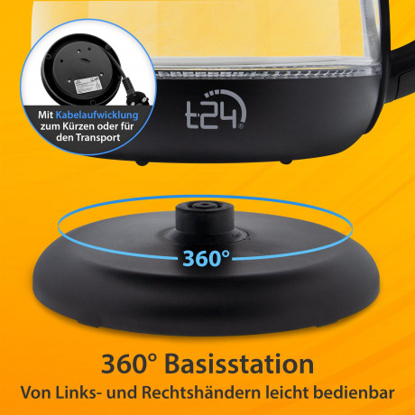 T24 T24 Wasserkocher Borosilikatglas Wasserkocher mit LED 2200 Watt 1,7 Liter THV schwarz, 1.7 l, 2200 W  Чайник T24 Чайник из боросиликатного стекла со светодиодной подсветкой 2200 Вт 1,7 л THV черный, 1,7 л, 2200 Вт