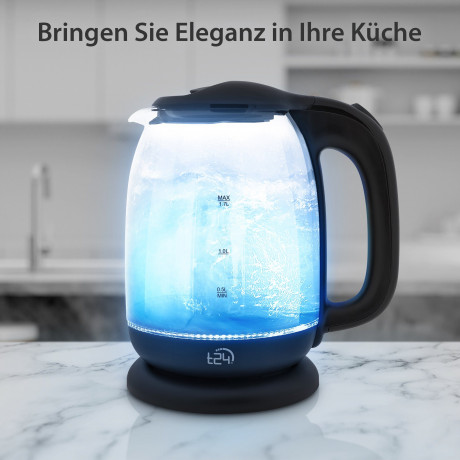 T24 T24 Wasserkocher Borosilikatglas Wasserkocher mit LED 2200 Watt 1,7 Liter THV schwarz, 1.7 l, 2200 W  Чайник T24 Чайник из боросиликатного стекла со светодиодной подсветкой 2200 Вт 1,7 л THV черный, 1,7 л, 2200 Вт