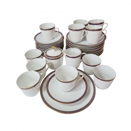 Чайный сервиз винтажный PMR Jager & Co Bavaria, белый фарфор с золотисто-голубым узором, Германия, 1960-70гг.