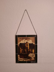 Картина винтажная Helga Hanzmann &quot;Старая ратуша Висбадена 1610г. Винный погреб&quot;, витражная рама, на стекле, 29 x 22 см, Германия, 1984г.