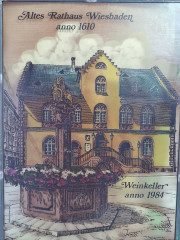 Картина винтажная Helga Hanzmann &quot;Старая ратуша Висбадена 1610г. Винный погреб&quot;, витражная рама, на стекле, 29 x 22 см, Германия, 1984г.