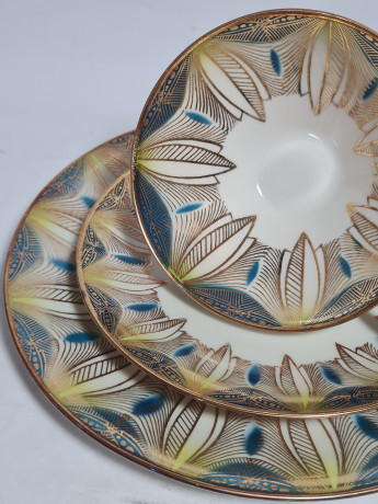 Чайное трио винтажное Elfenbein Bavaria желто-синее с золотистым декором, фарфор, Германия, 1970-80гг.