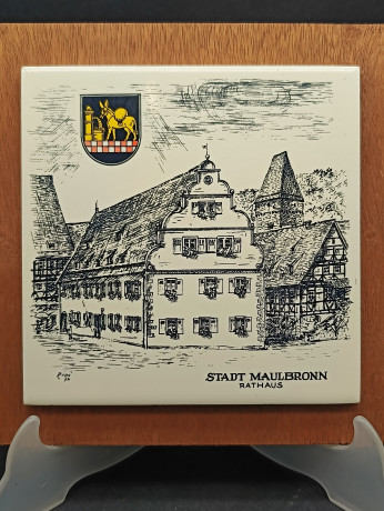 Панно декоративное винтажное Rupo "Ратуша в Маульбронне", керамич.плитка/дерево, 19 х 19 см, Германия, 1970-90гг.