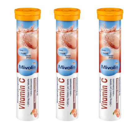 Mivolis Vitamin C Brausetabletten SET 3x20 St, Миволис НАБОР Шипучие таблетки Витамин C 240 мг со вкусом апельсина, 3х20 шт