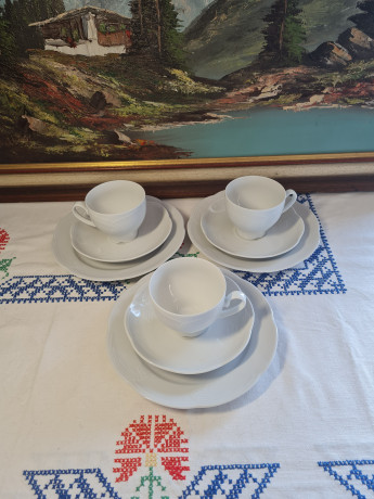 Набор посуды для кофе винтажный на 3 персоны Schumann, белый фарфор с фактурным узором, Германия, 1960-70гг.