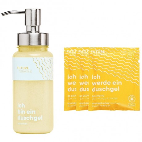 FUTURE STORIES Vorteilskit 3er Set Duschgel Pulver Mango & Orange inkl. Pumpspender Комплект Advantage Kit из 3 гелей для душа в виде порошка манго и апельсина, включая дозатор с помпой