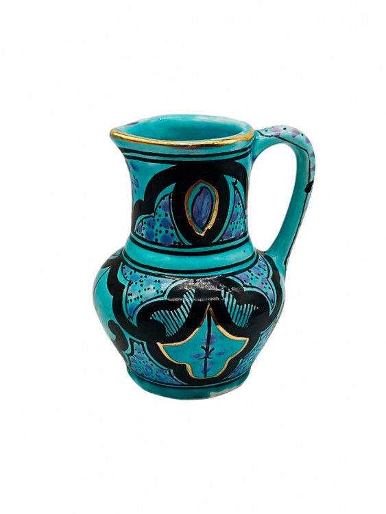 Кувшин винтажный Azoz Al Charaz, бирюзово-черный, с позолоченным кантом, керамика, 10 х 12.5 см, Тунис, 1970-80гг. Кувшин винтажный Azoz Al Charaz, бирюзово-черный, с позолоченным кантом, керамика, 10 х 12.5 см, Тунис, 1970-80гг.