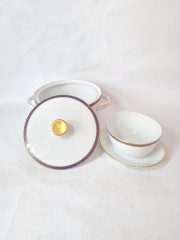 Набор супница и тарелка винтажный PMR Jager &amp; Co Bavaria, белый фарфор с золотисто-голубым узором, 23 x 14 см и 17 x 14 x 7 см, Германия, 1960-70гг.