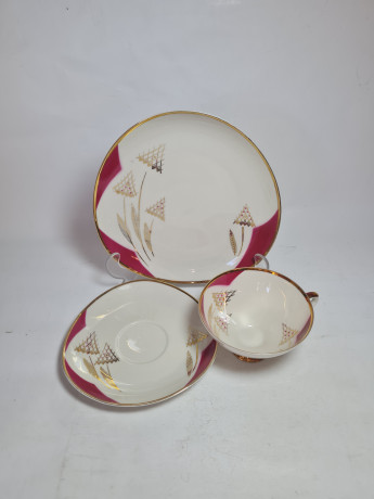 Чайное трио винтажное Mitterteich Bavaria в розово-белых тонах с золотым декором, фарфор, Германия, 1960-70гг.