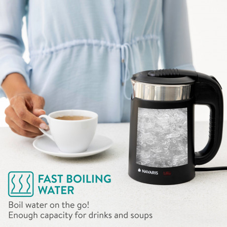 Navaris Navaris Reise-Wasserkocher, Edelstahl Reisewasserkocher 0,5L mit 2 Trinkbechern 16 x 11 x 17 cm Mini Reise-Wasserkocher 1100W fur Camping Reisekocher  Дорожный чайник Navaris, дорожный чайник из нержавеющей стали 0,5 л с 2 чашками для питья 16 x 1
