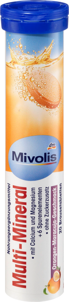 в наличии  Mivolis Multi-Mineral Brausetabletten 20 St. Мультиминеральные Шипучие таблетки Кальций + Магний, вкус апельсина и маракуйи, 20 шт